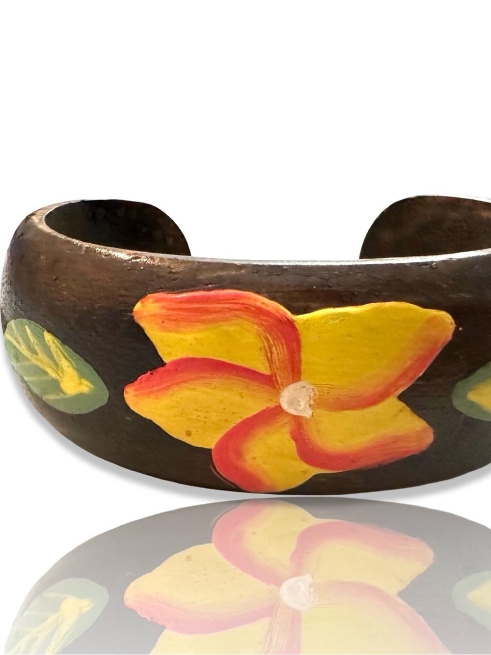 Hand Crafted Yellow and Red Floral Painted Wood Cuff Bracelet